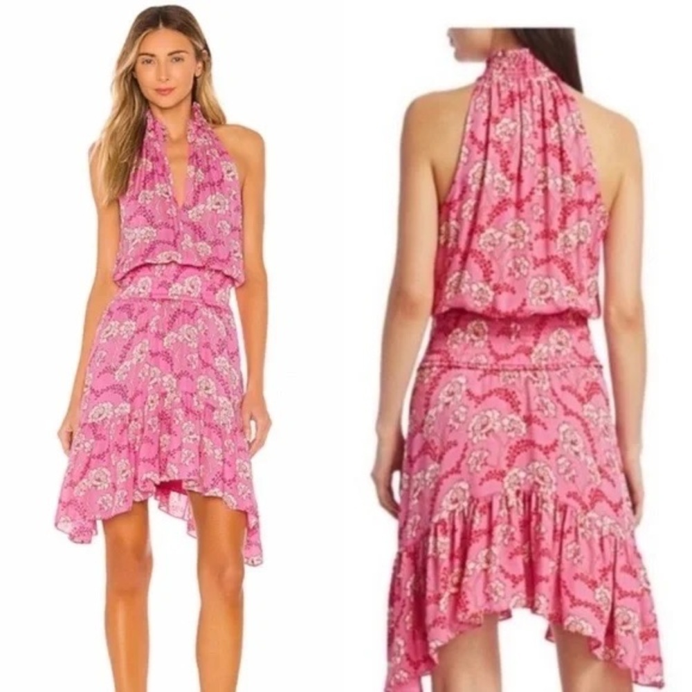 A.L.C. Pink/Red Floral Cody 100% Silk Halter Neck Dress 4